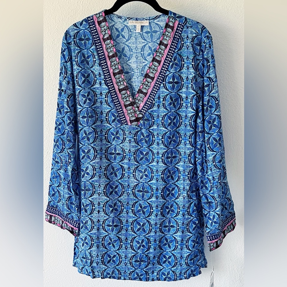 Brand NEW La Blanca Swimwear Beachy Cover-Up Dress Blue Geometric Size XS - Picture 3 of 16